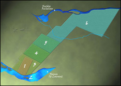Expansion progressive de la baronnie de Longueuil. 1re concession, en 1657; 2e, en 1665; 3e, en 1672; 4e, en 1676; 5e, en 1698 et 6e, en 1710.