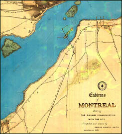 Plan du réseau ferroviaire d’une partie de la rive sud en 1851, dessiné par George Horatio Smith.