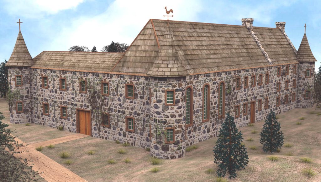 Représentation en 3D du château-fort de Longueuil. Réalisé sous la direction de l'historien Michel Pratt, alors président et directeur général de la Société historique et culturelle du Marigot.